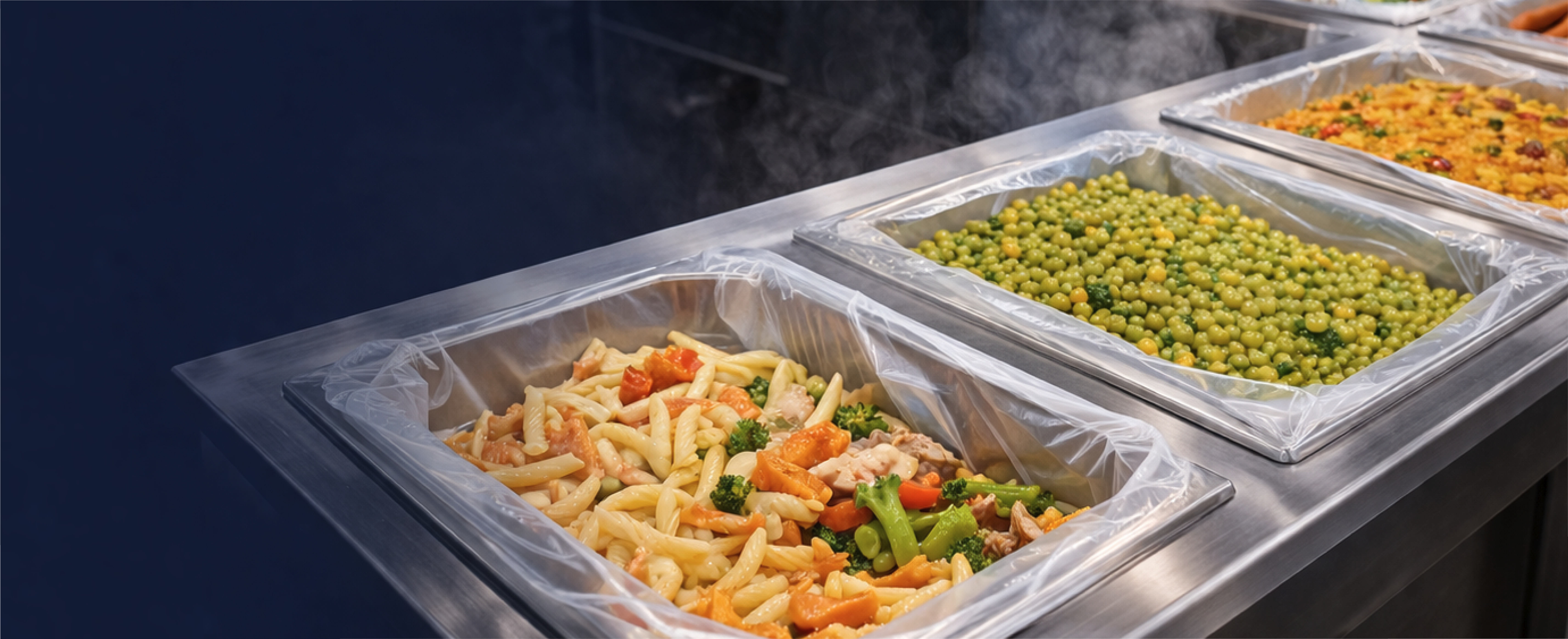 Gastronorm trays lined with Easy Liners and filled with hot food
